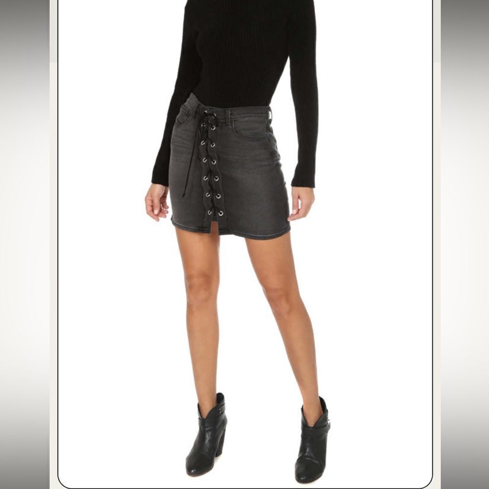 NWT L’AGENCE Portia black denim lace up front mini skirt 25